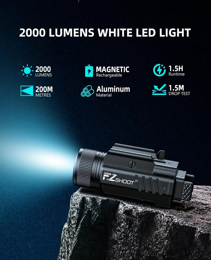 EZshoot 2000 Lumen Pistol Light with Quick Release, Magnetic Rechargeable Pistol Flashlight with Adjustable Slide Rail, Picatinny Flashlight with Strobe Mode for Home Defense, Hunting - Image 2